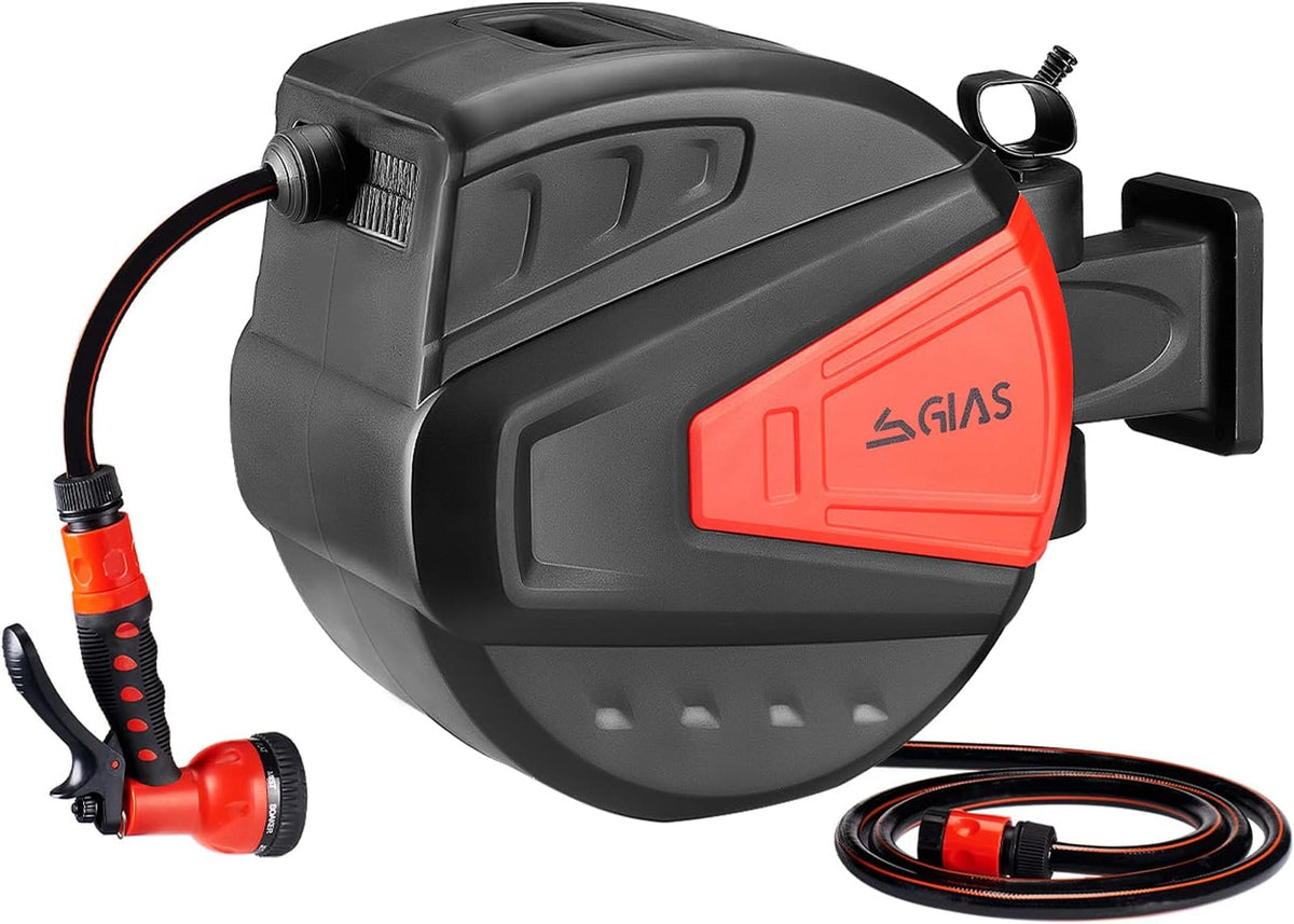Retractable Garden Hose Reel 1/2 x 98.5 +6.6 ft, Heavy Duty Wall Mounted with 180° Swivel Bracket, 9 Pattern Nozzle, Auto Rewind, Black T165