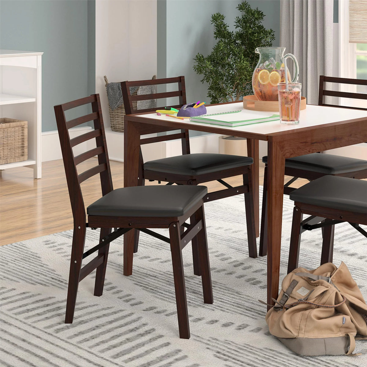 Dark Mahogany Wood Folding Chair with Vinyl Padded Seat, 2-Pack S79173