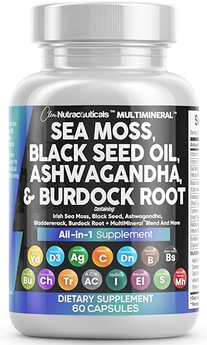 Sea Moss Black Seed Oil Ashwagandha Turmeric Bladderwrack Burdock Vitamin C D3 Elderberry Manuka Dandelion Yellow Dock Iodine Chlorophyll ACV U322