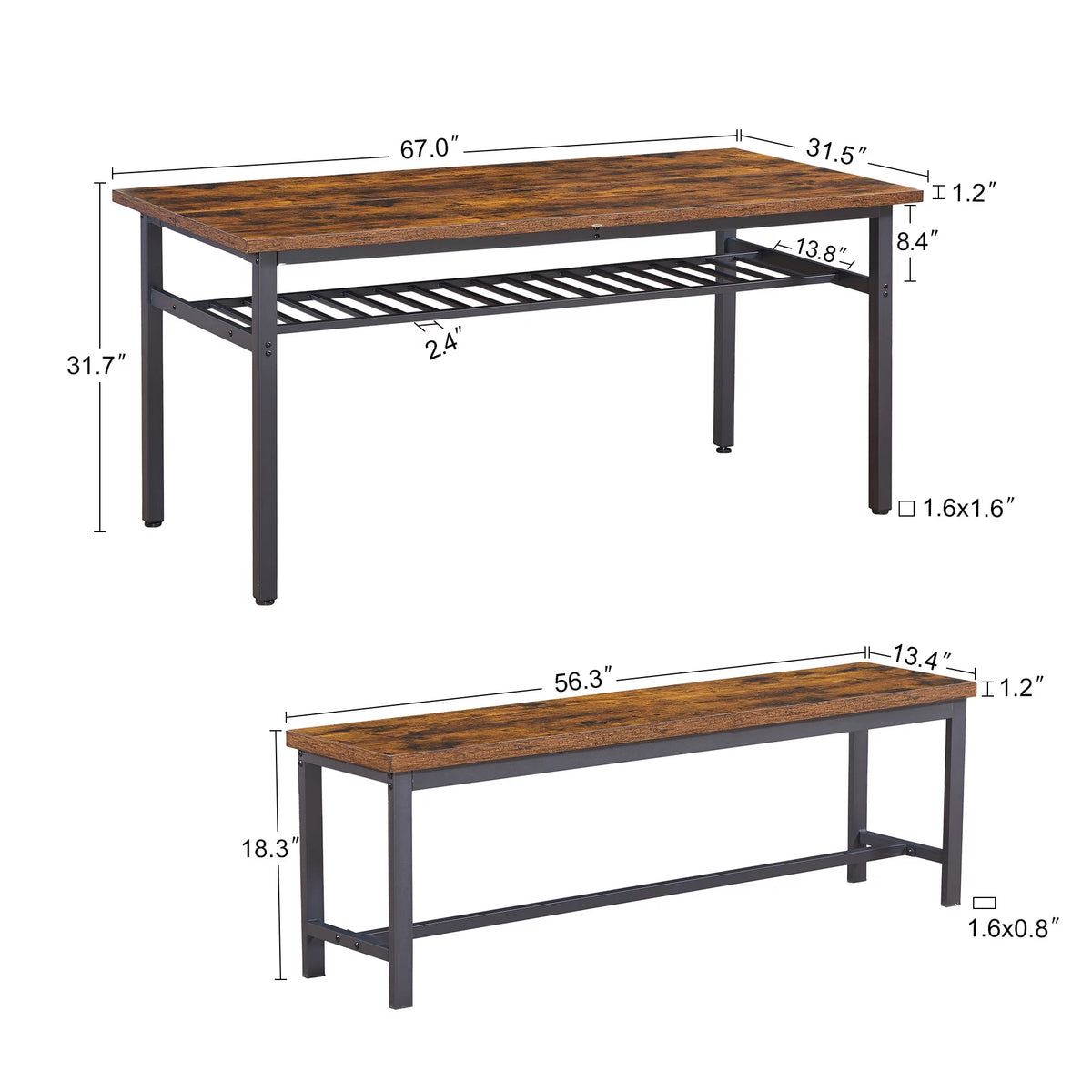 67 Inches 3-Piece Dining Table Set with 2 Benches X9044