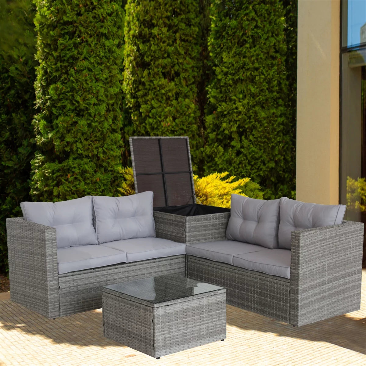 4 Pieces All Weather Wicker Rattan Patio Sectional Sofa Set with Storage Box & Ottoman, Gray A643125