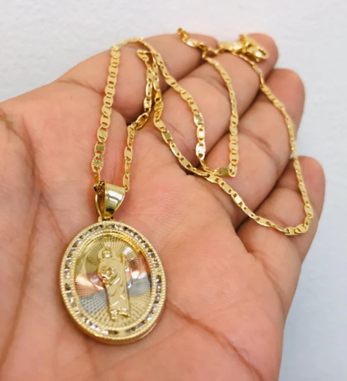 14K Gold Filled San Judas Necklace Tri-Color with CZ Stones 20" 28x20mm P341347
