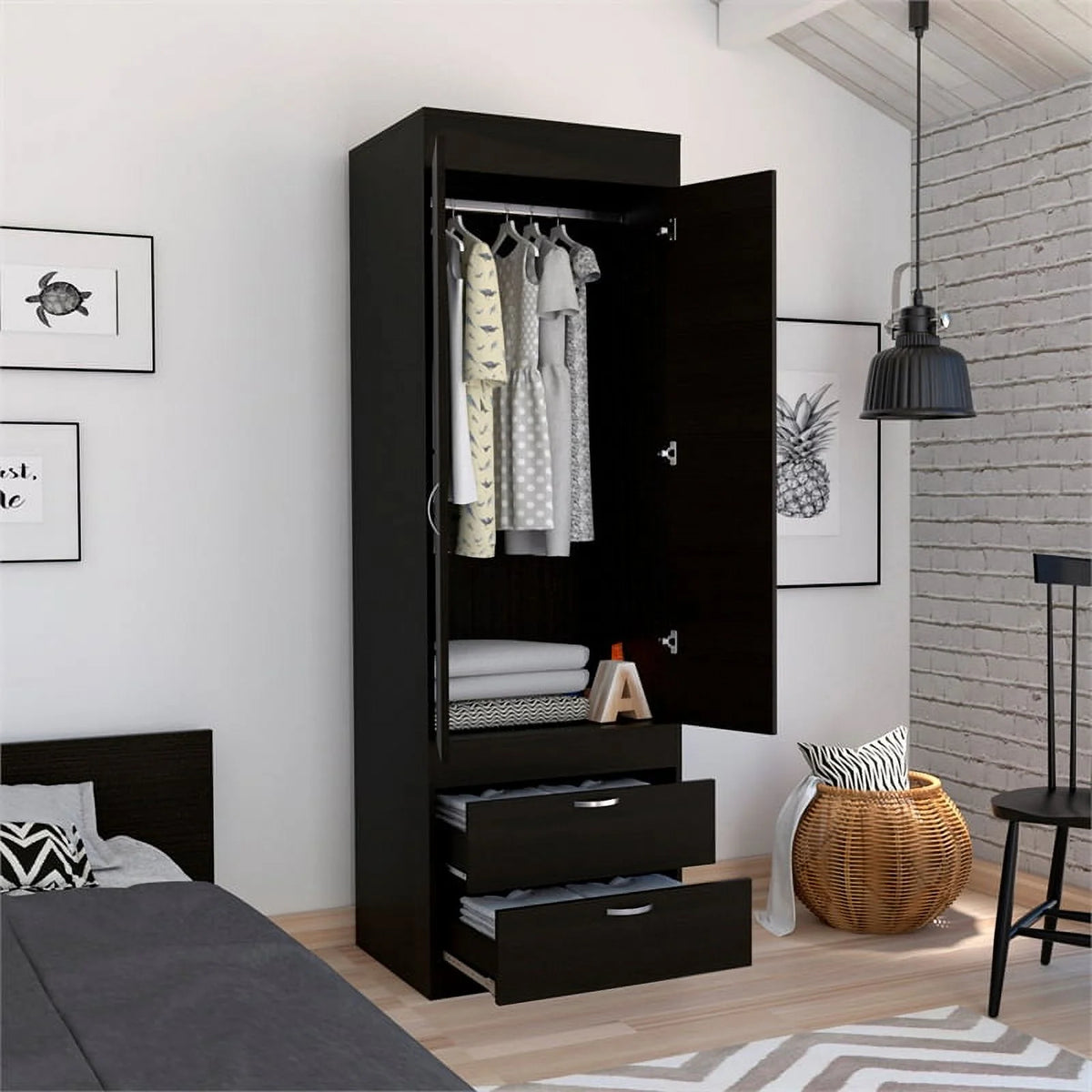 Black 2 Drawer Engineered Wood Armoire D92046