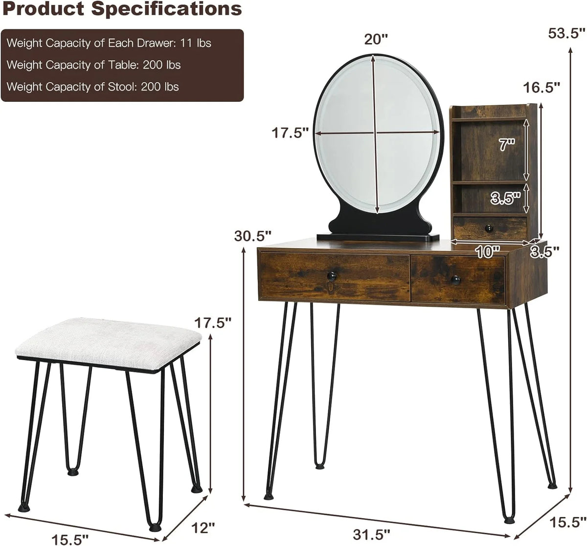 Rustic Brown Vanity Table with Mirror O935805