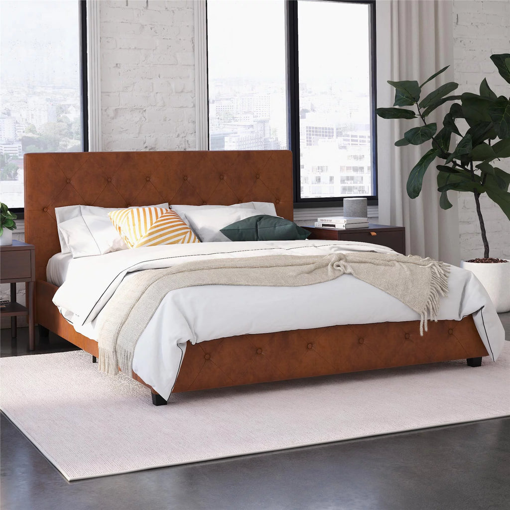 Queen Camel Faux Leather Upholstered Platform Bed O573839