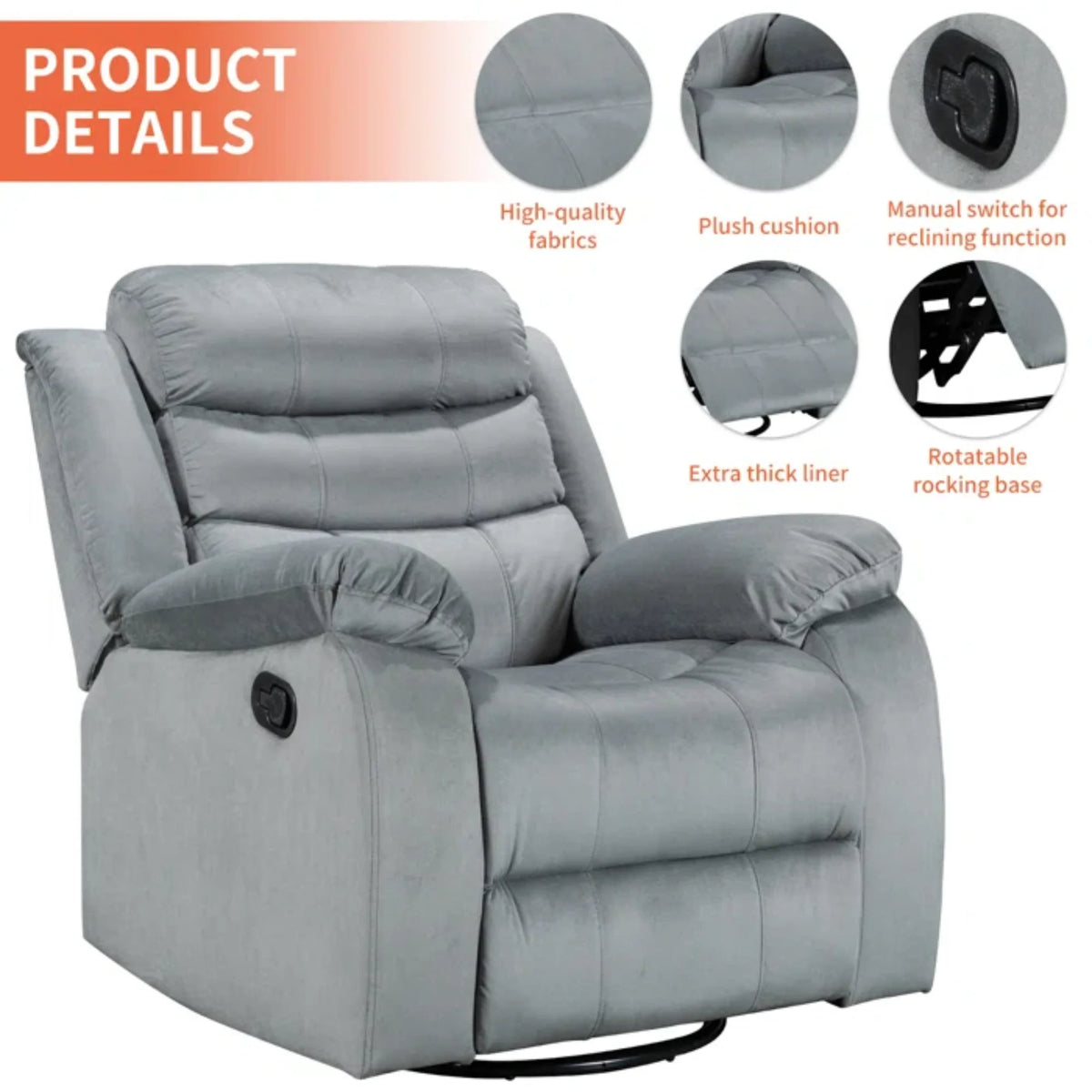 Gray Velvet Swivel Rocking Recliner Chair O2468