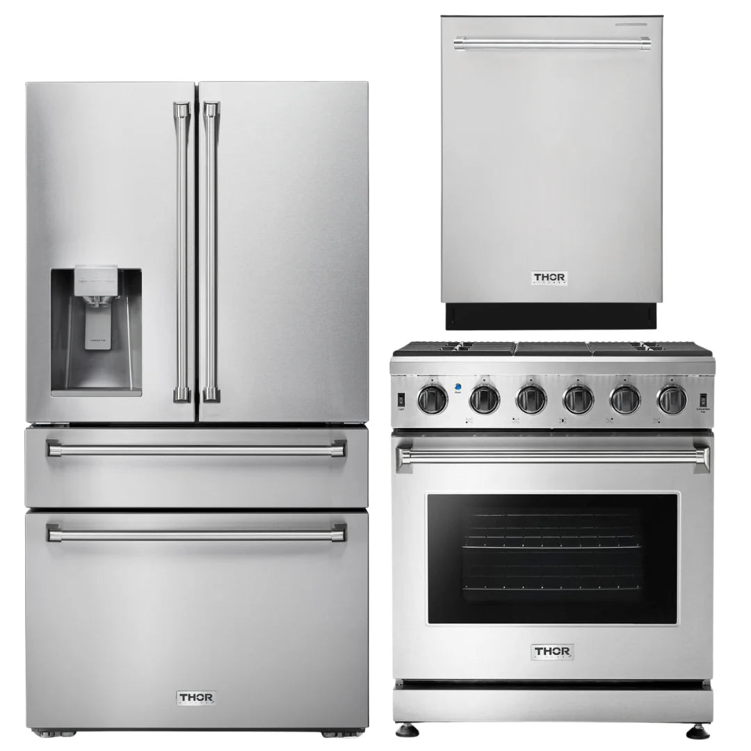 30 in. Natural Gas Range, 36 in. Refrigerator with Water and Ice Dispenser & 24 in. Dishwasher T9377
