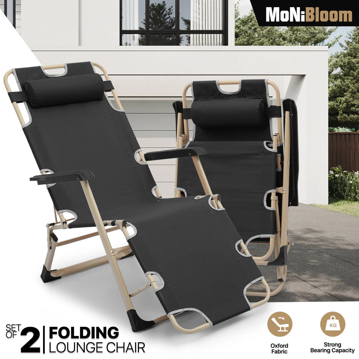 Set of 2 Black Folding Lounge Chair with Adjustable Headrest M491