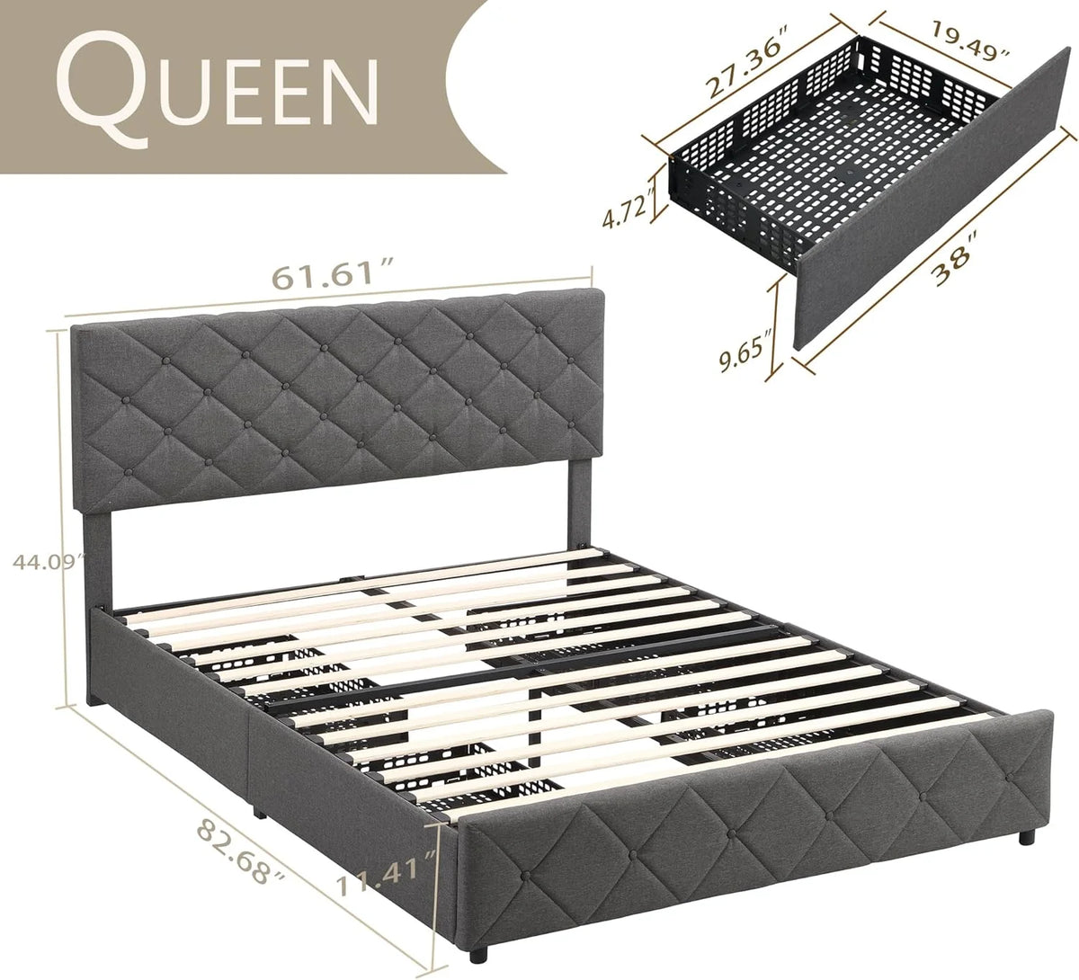 Queen Size Upholstered Bed Frame with Headboard and 4 Storage Drawers N6914