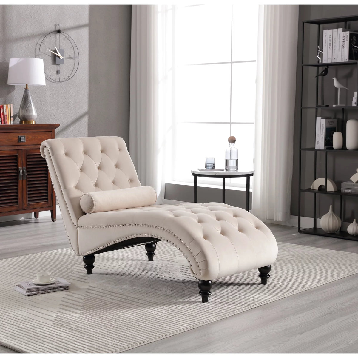 Beige Velvet Tufted Chaise Lounge with Wood Legs D5879