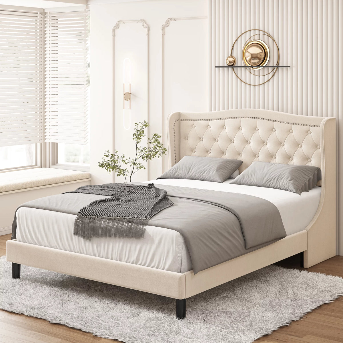 King Bed Frame with Wing-Back Button Tufted Upholstered Headboard J53049