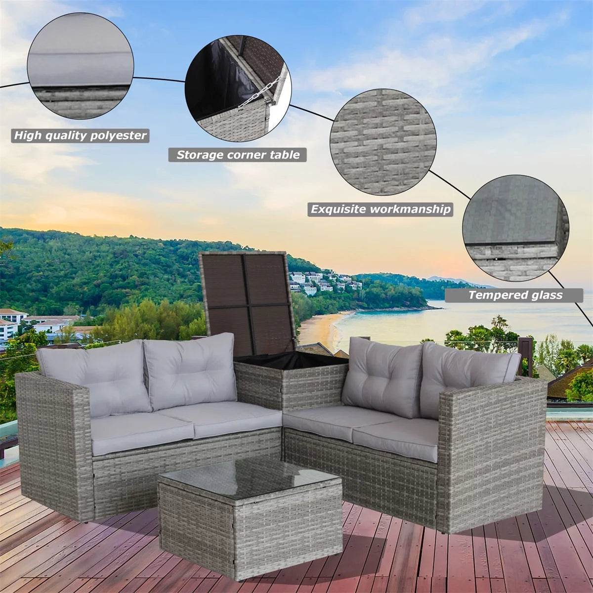 4 Pieces All Weather Wicker Rattan Patio Sectional Sofa Set with Storage Box & Ottoman, Gray A643125