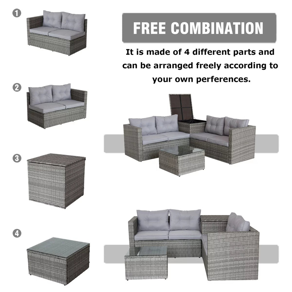 4 Pieces All Weather Wicker Rattan Patio Sectional Sofa Set with Storage Box & Ottoman, Gray A643125