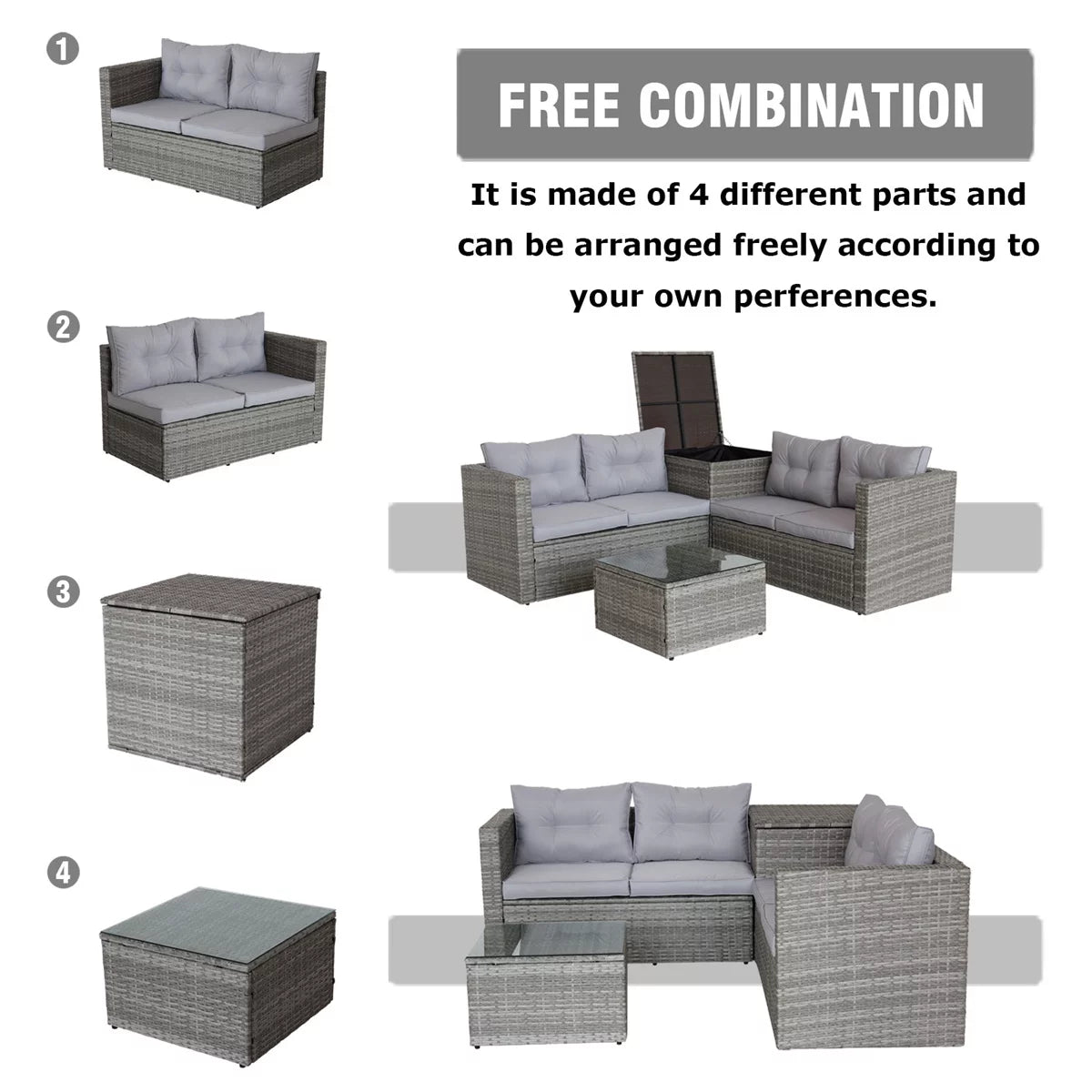 4 Pieces All Weather Wicker Rattan Patio Sectional Sofa Set with Storage Box & Ottoman, Gray A643125