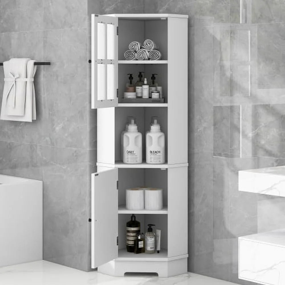 White Tall Bathroom Storage Cabinet with Glass Door D802077