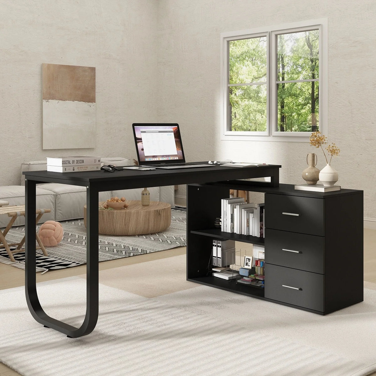 L-shaped Executive Desk with 3 Drawers Black H7207