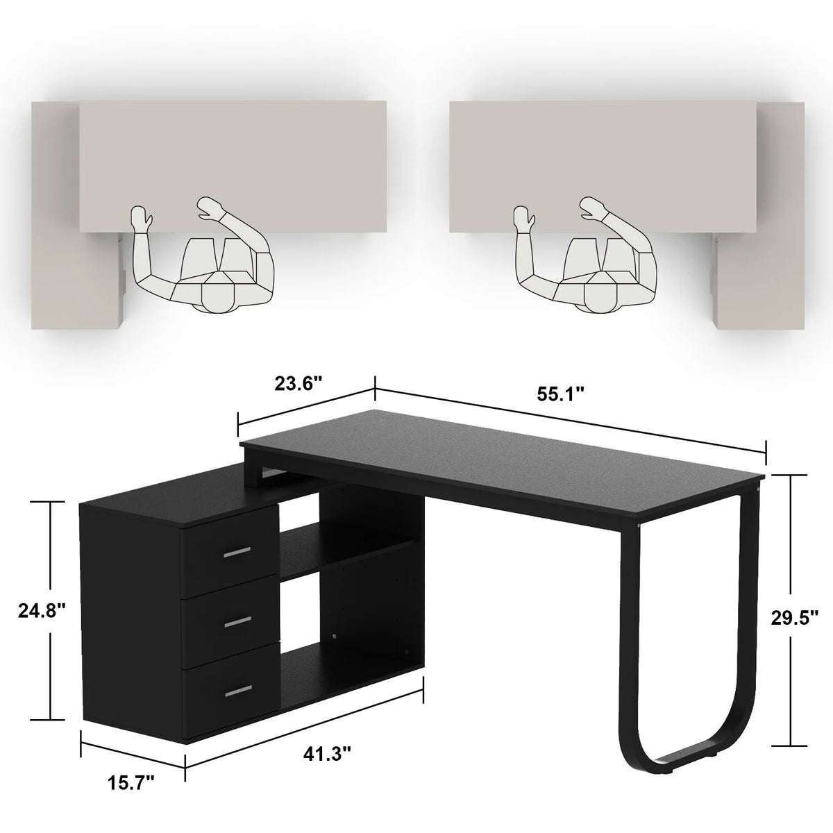L-shaped Executive Desk with 3 Drawers Black H7207