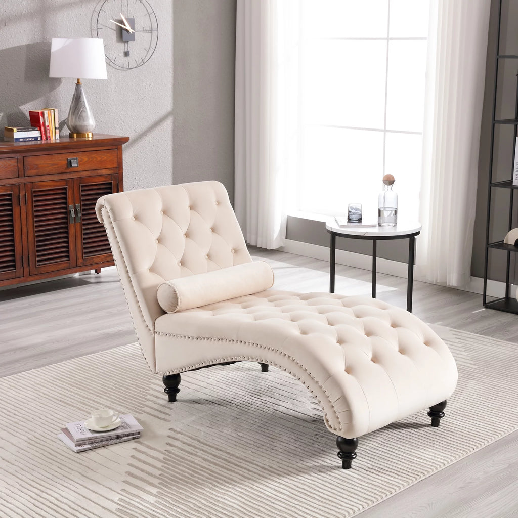 Beige Velvet Tufted Chaise Lounge with Wood Legs D5879
