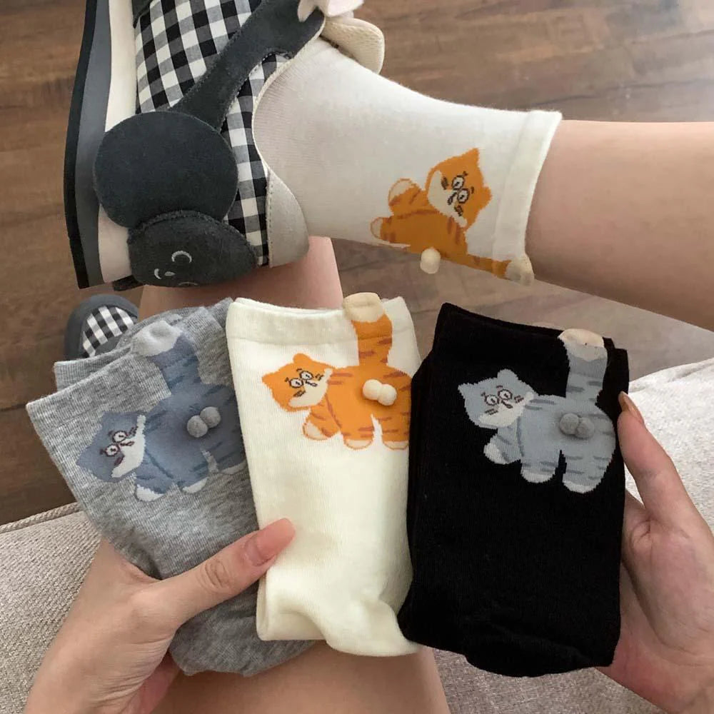 Cute Cat Cotton Socks with Pom Poms U10597