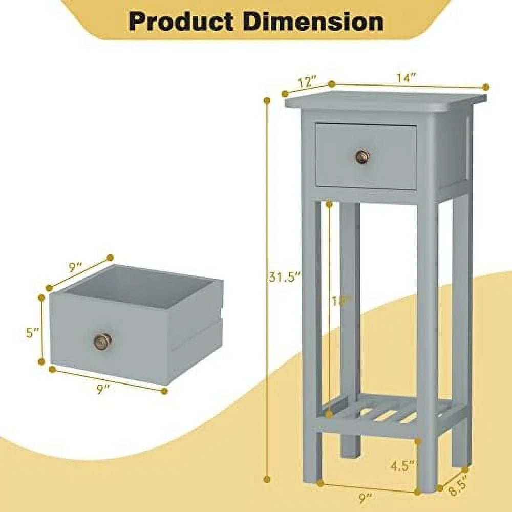 Narrow Acacia Wood Side Table with Drawer F48994