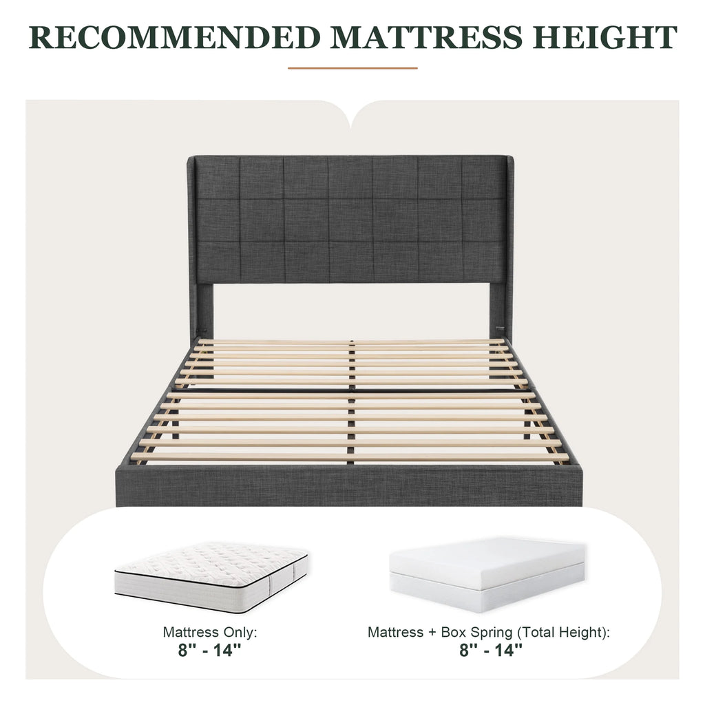 Queen Size Dark Grey Platform Bed with Wingback Headboard U9336