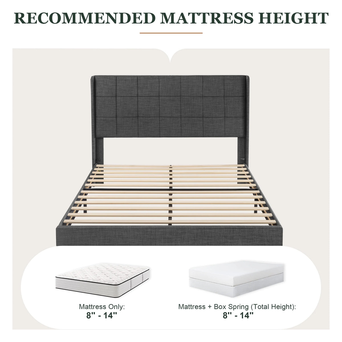 Queen Size Dark Grey Platform Bed with Wingback Headboard U9336