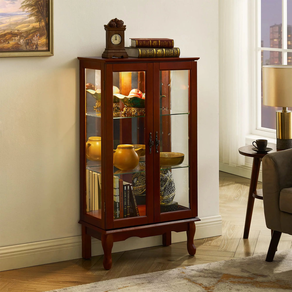 3 Tier Curio Cabinet with Tempered Glass Doors, Cherry E78001