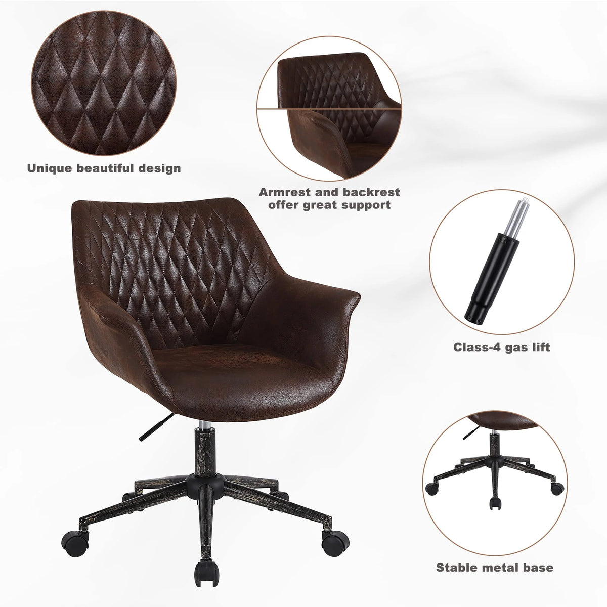 Faux Leather Height Adjustable Desk Chair with Armrest and Wheels W69840