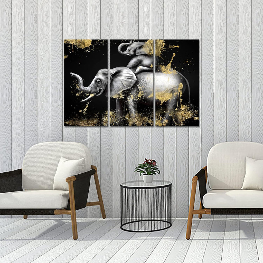 Black and Gold Elephant Canvas Art Set of 3 Framed Ready to Hang B67128