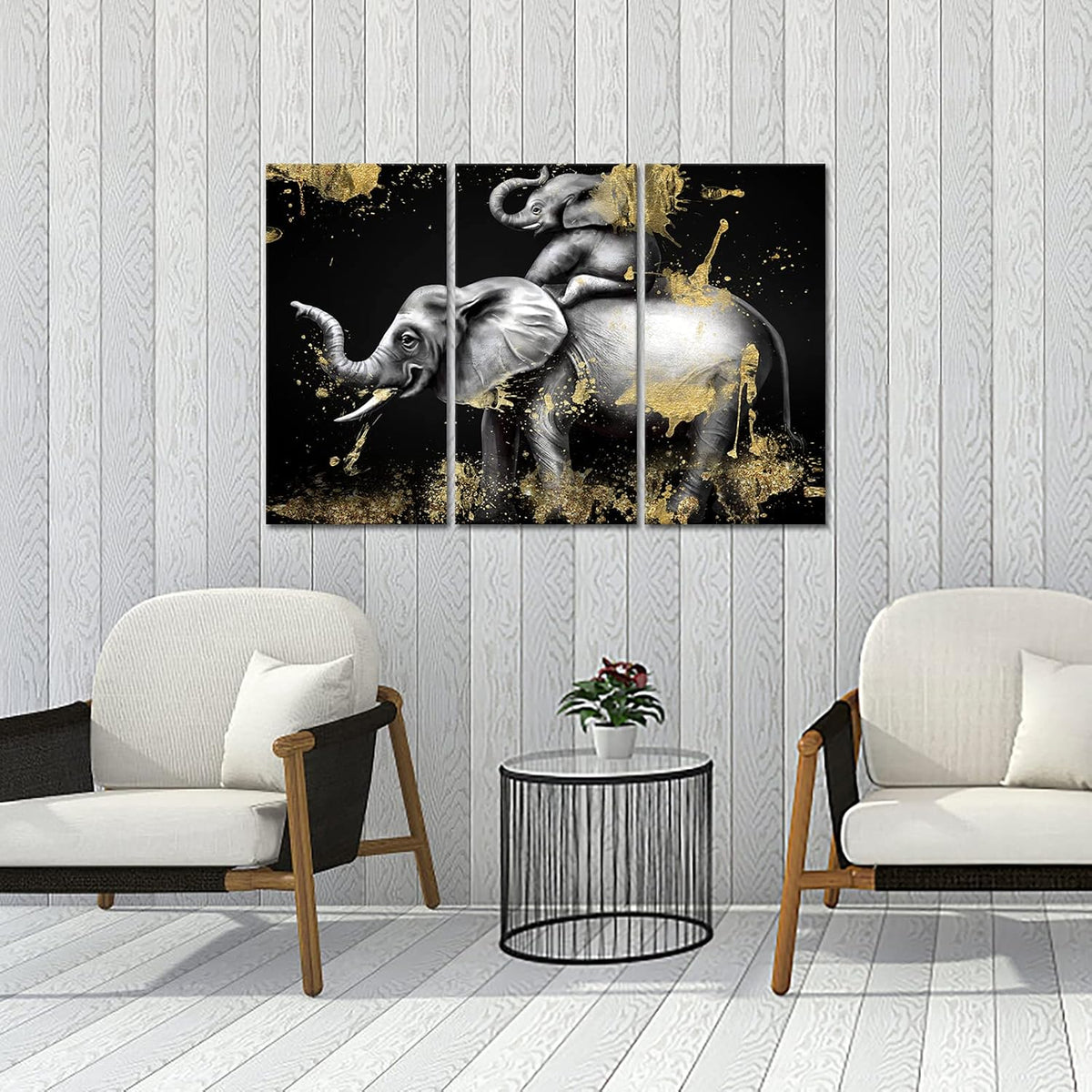 Black and Gold Elephant Canvas Art Set of 3 Framed Ready to Hang B67128