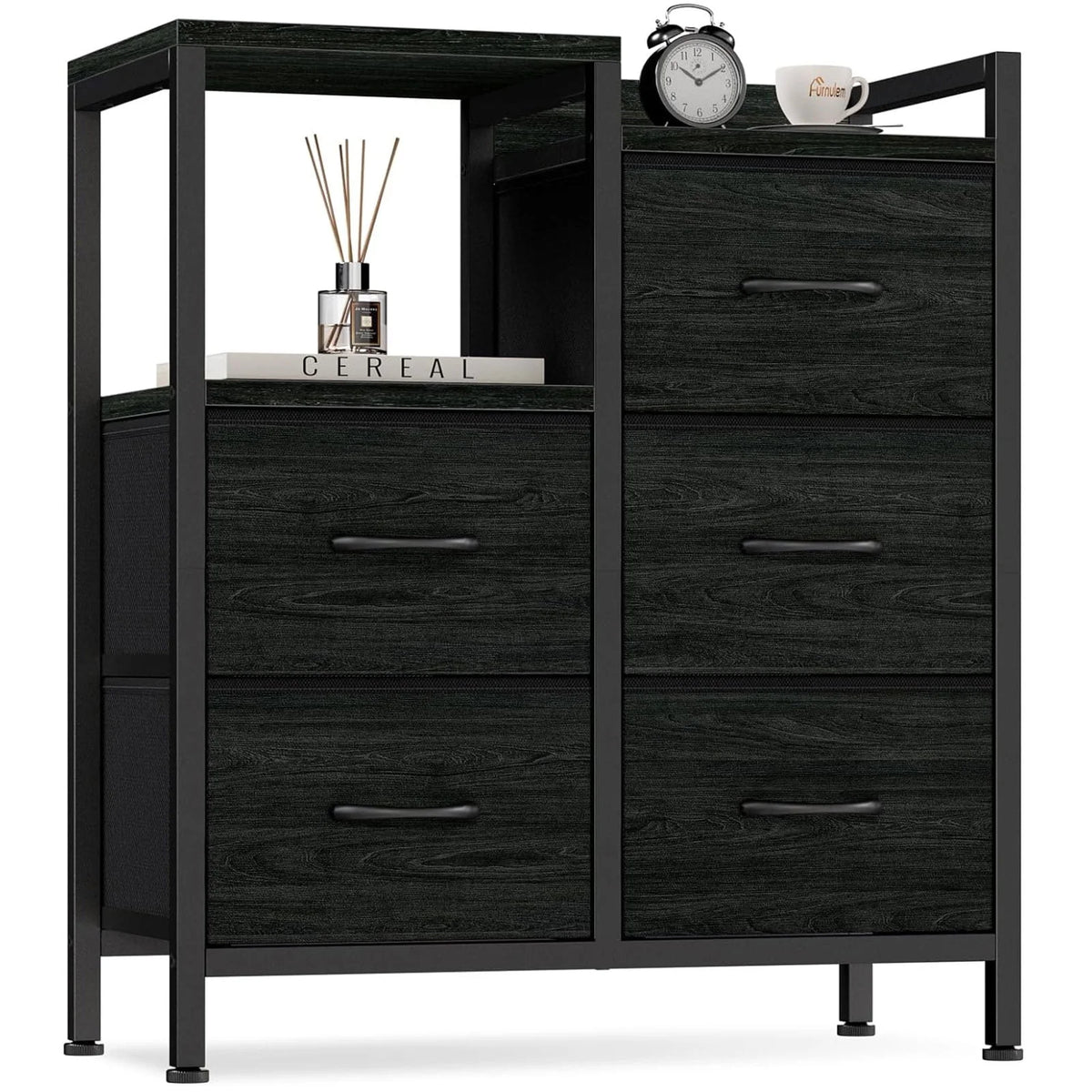 5 Fabric Drawers Rustic Brown Dresser with Shelves R345