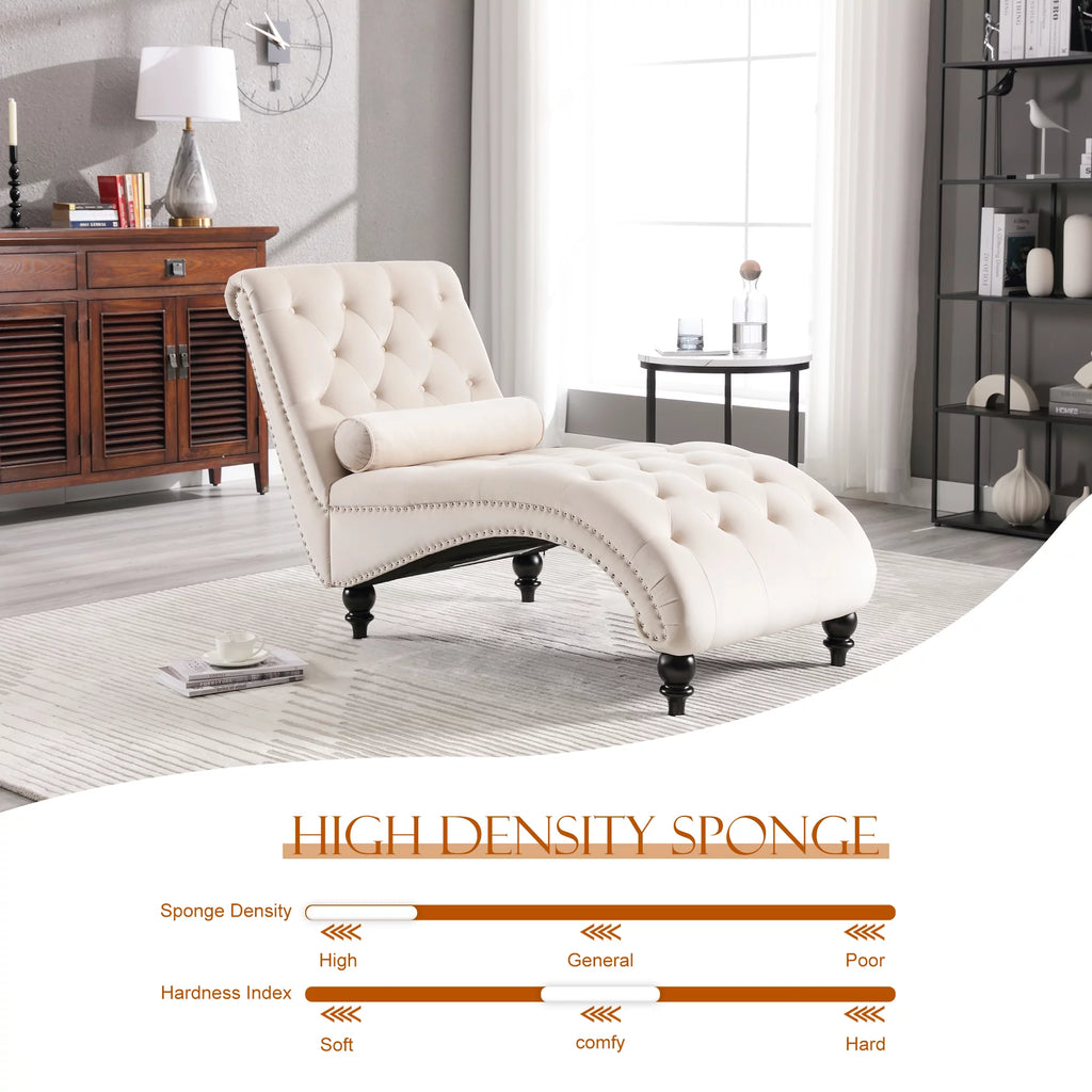 Beige Velvet Tufted Chaise Lounge with Wood Legs D5879