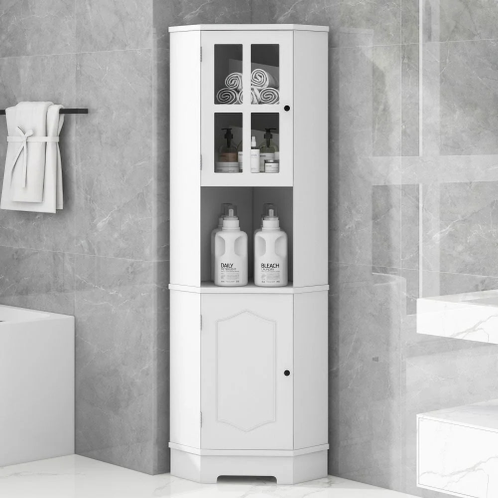 White Tall Bathroom Storage Cabinet with Glass Door D802077