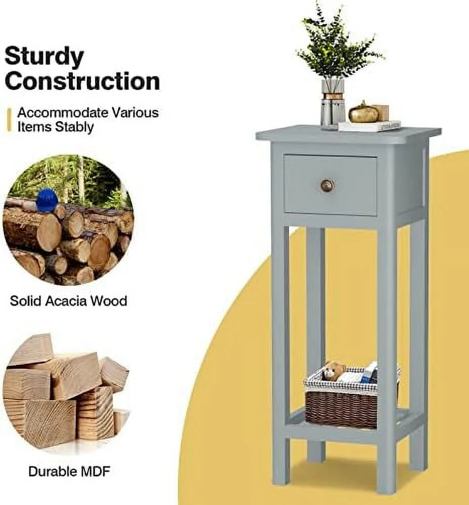 Narrow Acacia Wood Side Table with Drawer F48994