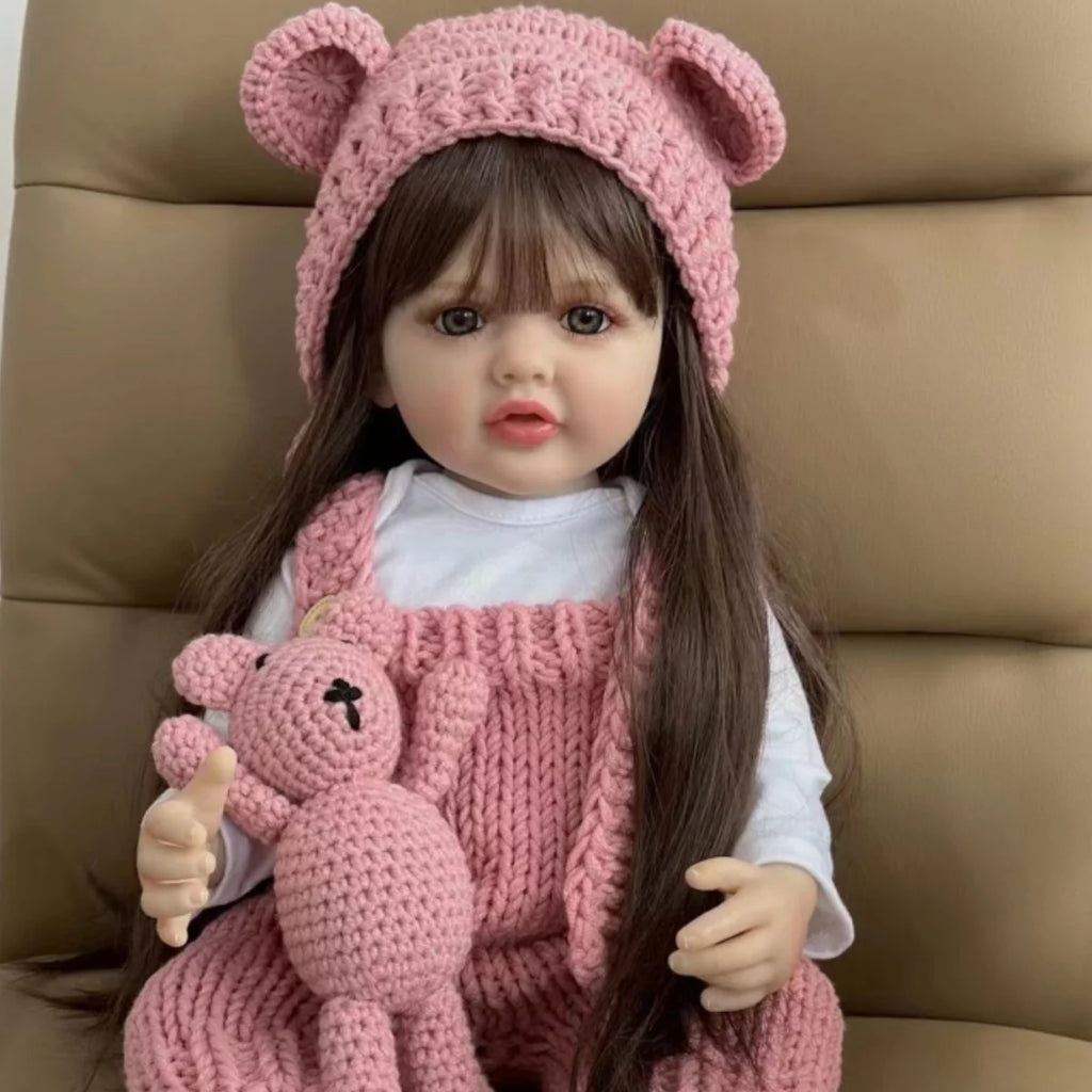 22 inch Soft Silicone Vinyl Reborn Baby Doll in Pink Knitted Clothes with Bear Toy C979