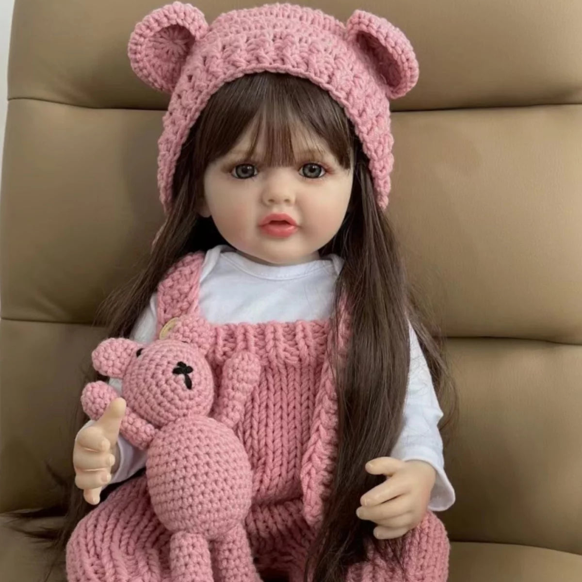 22 inch Soft Silicone Vinyl Reborn Baby Doll in Pink Knitted Clothes with Bear Toy C979