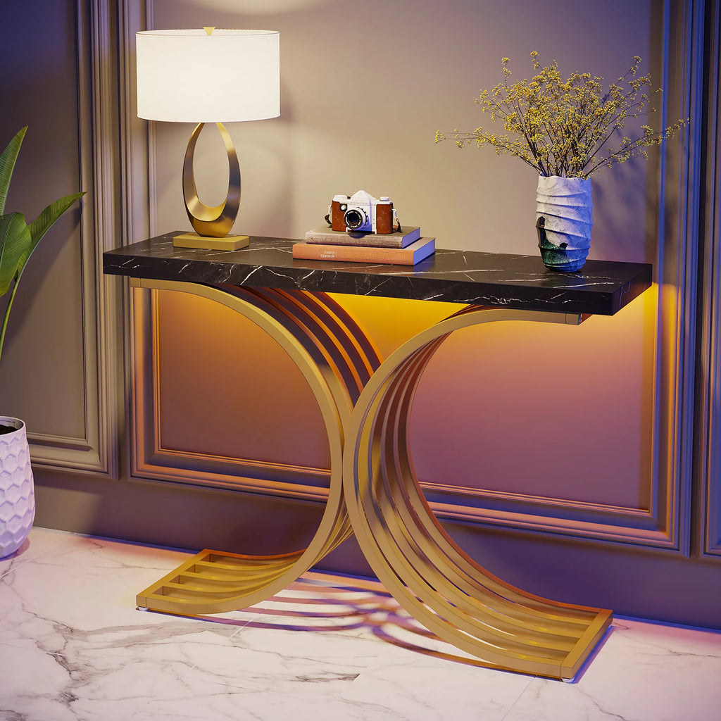 Gold Entryway Console Table with Faux Marble Top V7367
