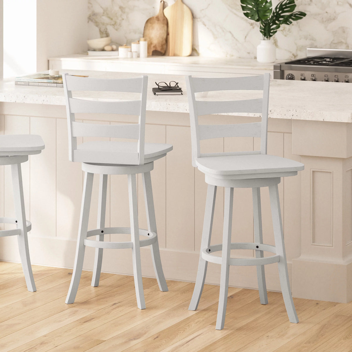 30" Antique White Swivel Bar Height Stool with Wood Seat and Footrest Z346