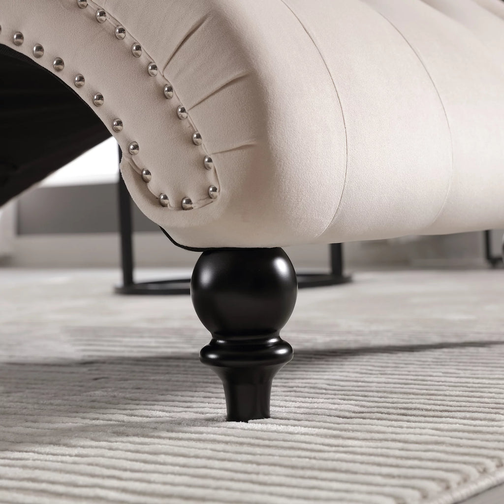 Beige Velvet Tufted Chaise Lounge with Wood Legs D5879