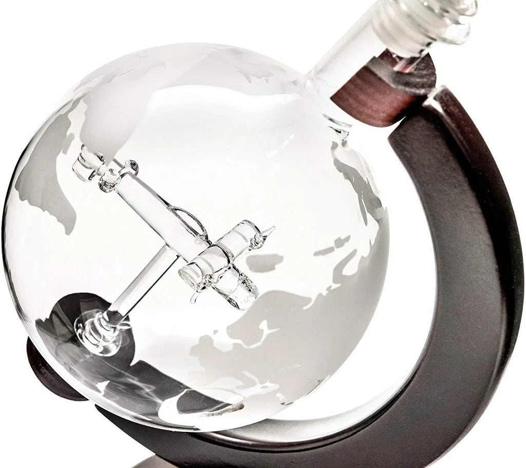 50 Oz Handmade Etched Globe Decanter Set with Wooden Stand and 2 Glasses B140