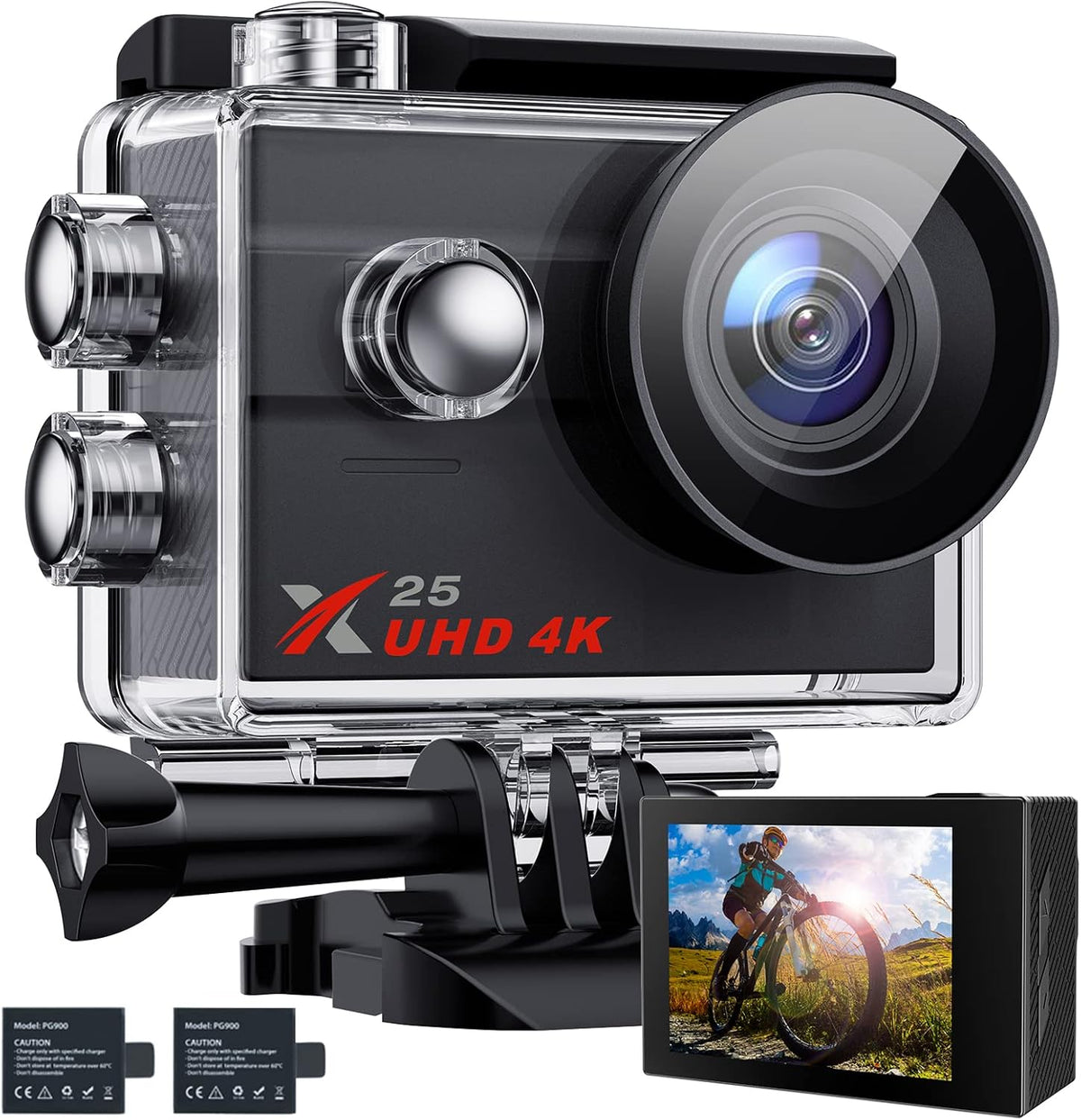 4K Waterproof Action Camera with 2 Batteries and Accessories Pack of 2 Y70770