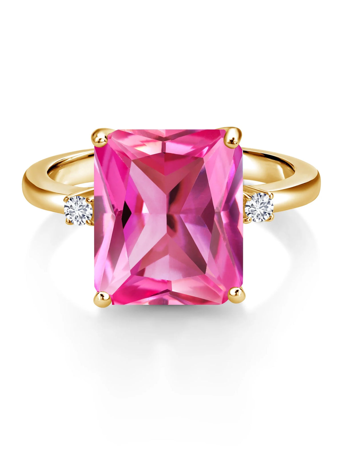18K Yellow Gold Plated Silver 12X10MM Pink Created Sapphire and 2MM White Diamond 3 Stone Engagement Ring Q662