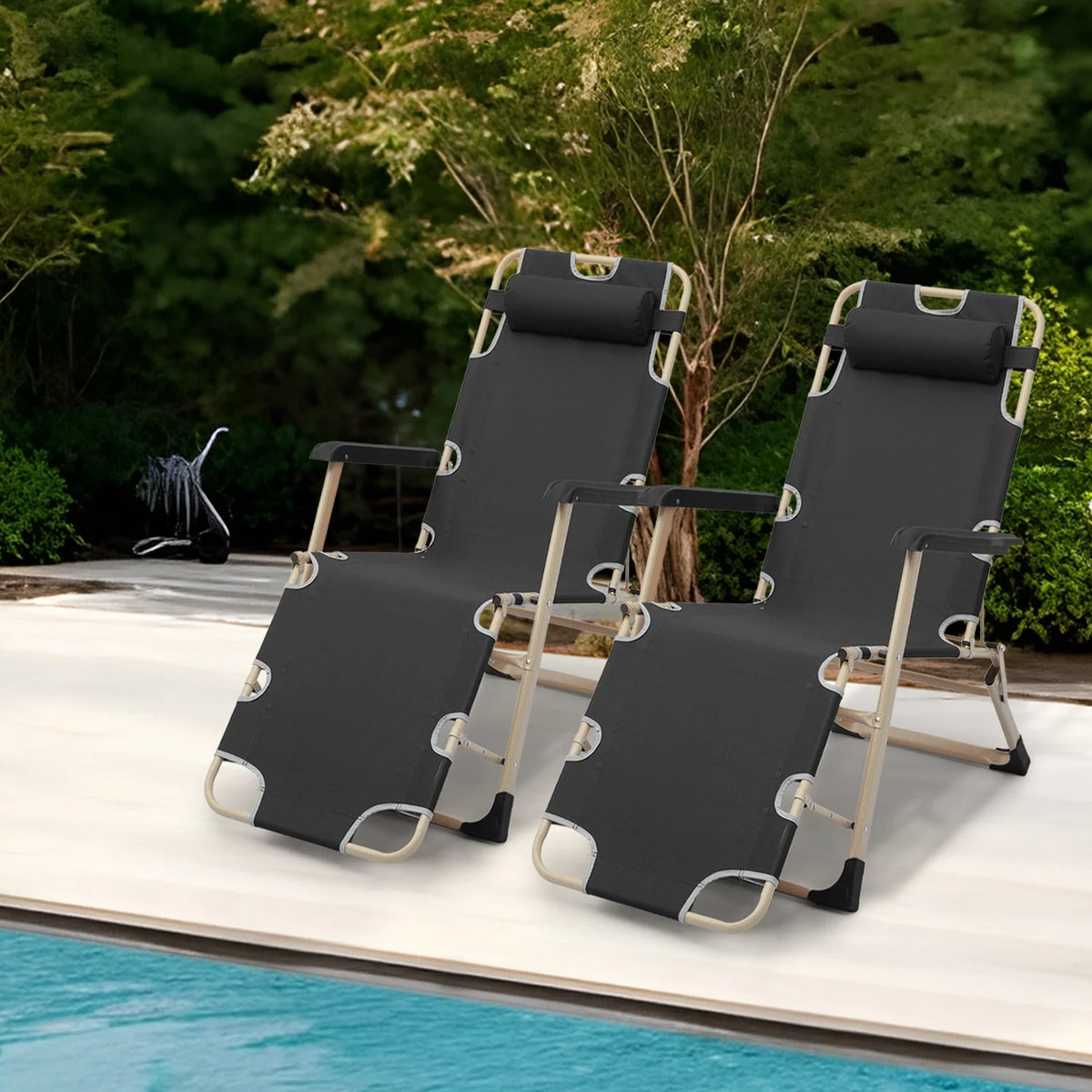 Set of 2 Black Folding Lounge Chair with Adjustable Headrest M491