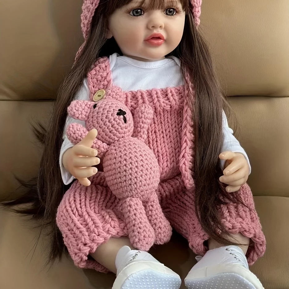 22 inch Soft Silicone Vinyl Reborn Baby Doll in Pink Knitted Clothes with Bear Toy C979