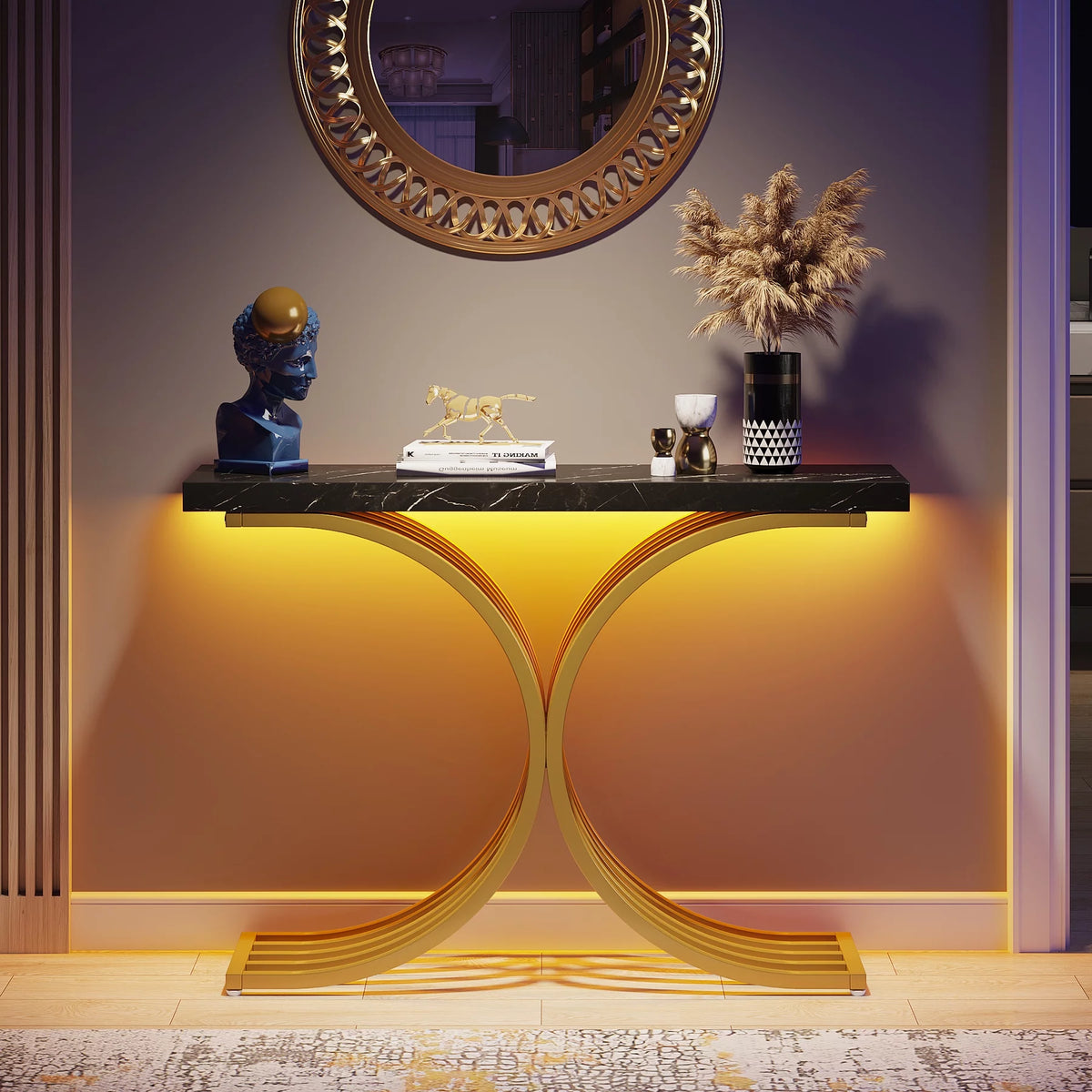 Gold Entryway Console Table with Faux Marble Top V7367