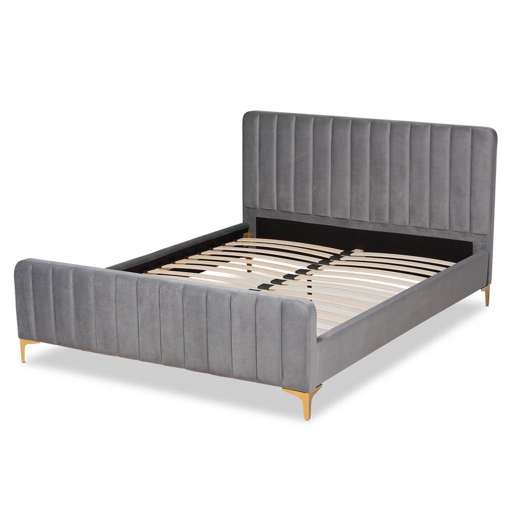 Light Grey Velvet Queen Size Platform Bed T19404