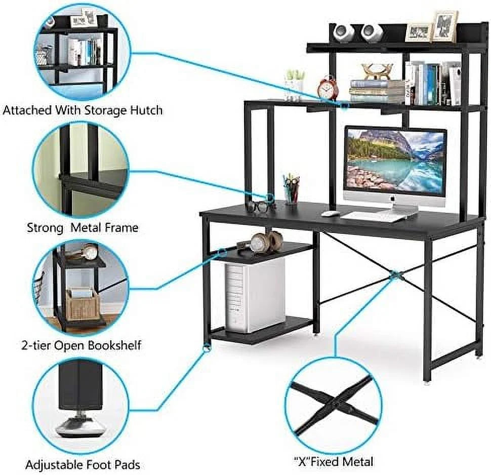 Black 47 Inch Computer Desk with Shelves and Hutch S8953
