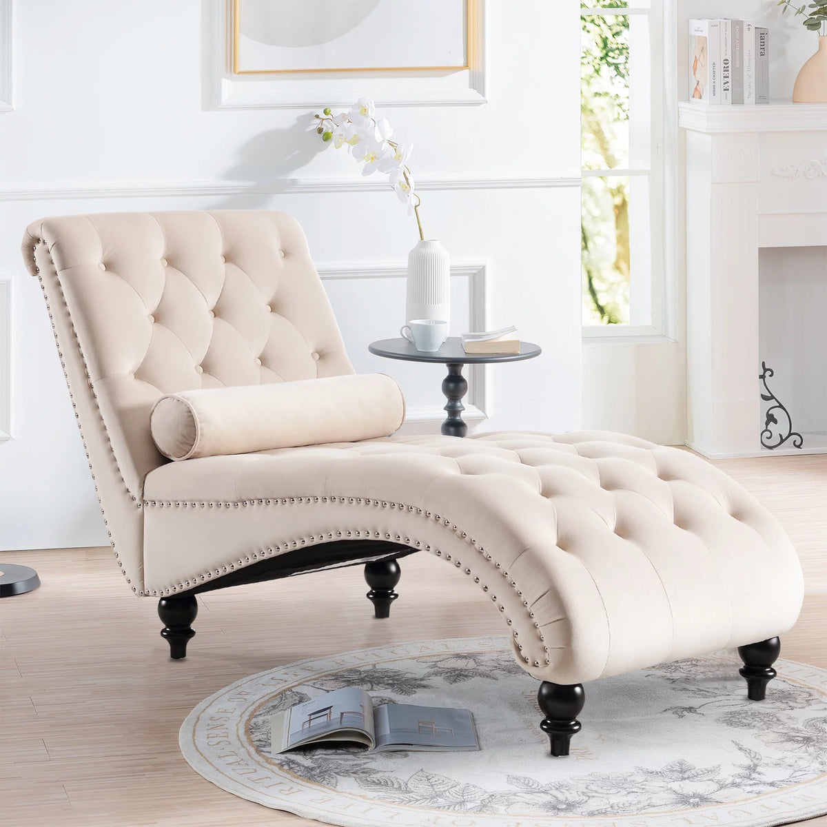 Beige Velvet Tufted Chaise Lounge with Wood Legs D5879