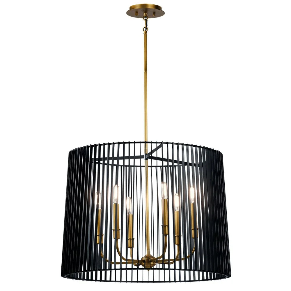 6-Light Chandelier Natural Brass Matte Black Slatted Shade J979731