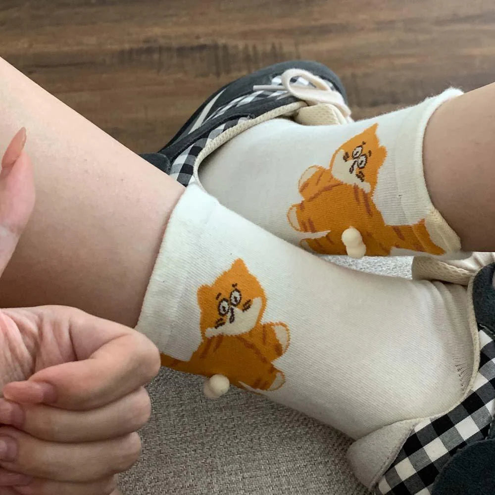 Cute Cat Cotton Socks with Pom Poms U10597